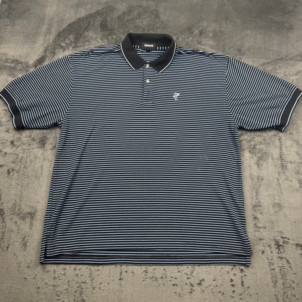 Ashworth Mens Striped Golf Polo Shirt Black Blue Short Sleeve Logo Size L